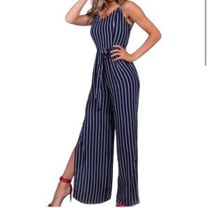 Navy and white striped jumpsuit — full length